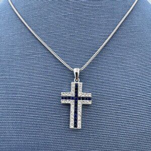 CROSS NECKLACE 18K White Gold Cross Necklace with Diamond and Sapphire